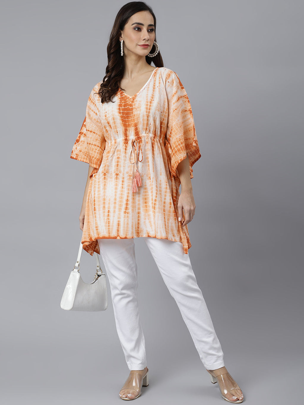 Janasya Women's Rust Cotton Tie dye Kaftan Kaftan Tunic