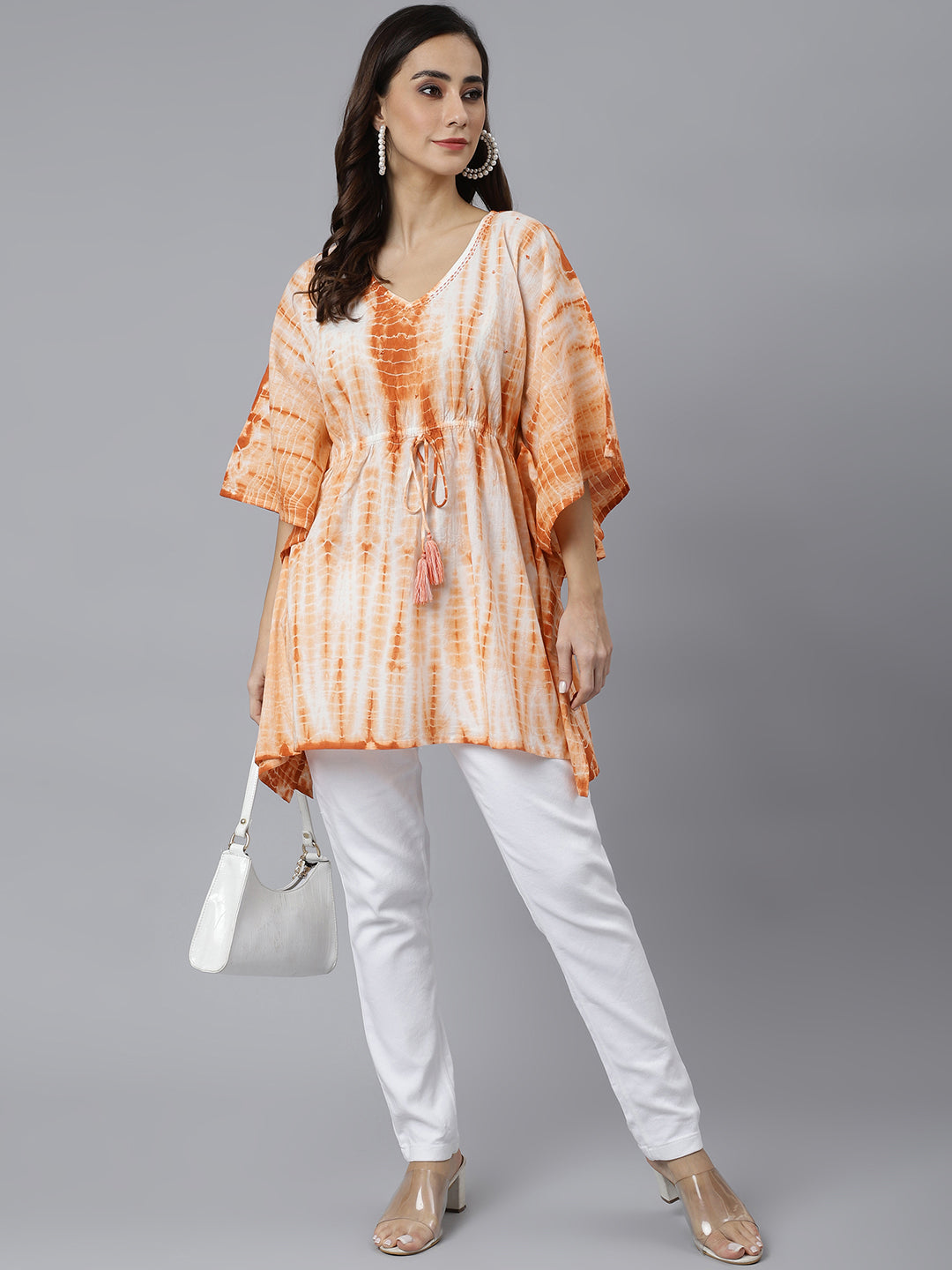 Janasya Women's Rust Cotton Tie dye Kaftan Kaftan Tunic