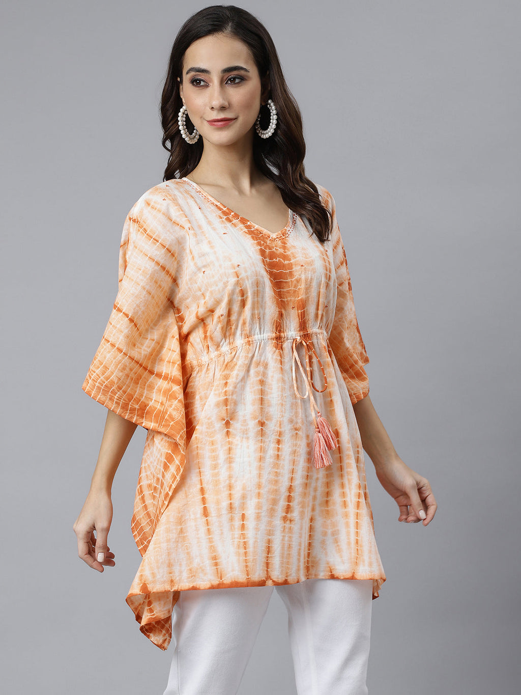 Janasya Women's Rust Cotton Tie dye Kaftan Kaftan Tunic