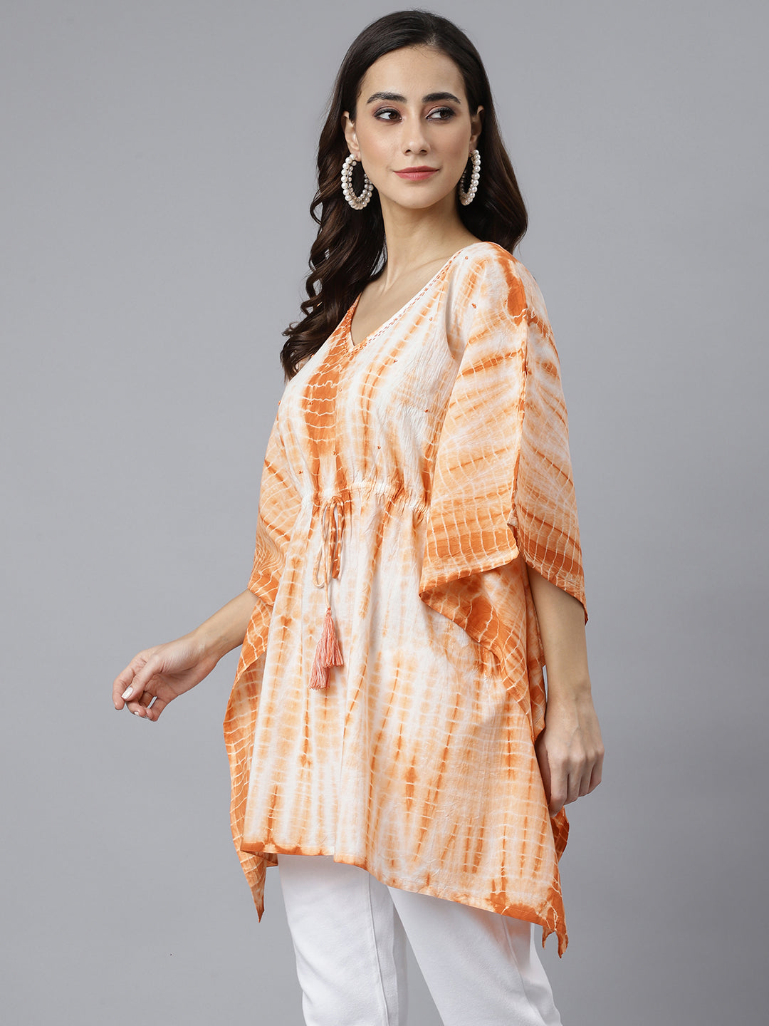 Janasya Women's Rust Cotton Tie dye Kaftan Kaftan Tunic