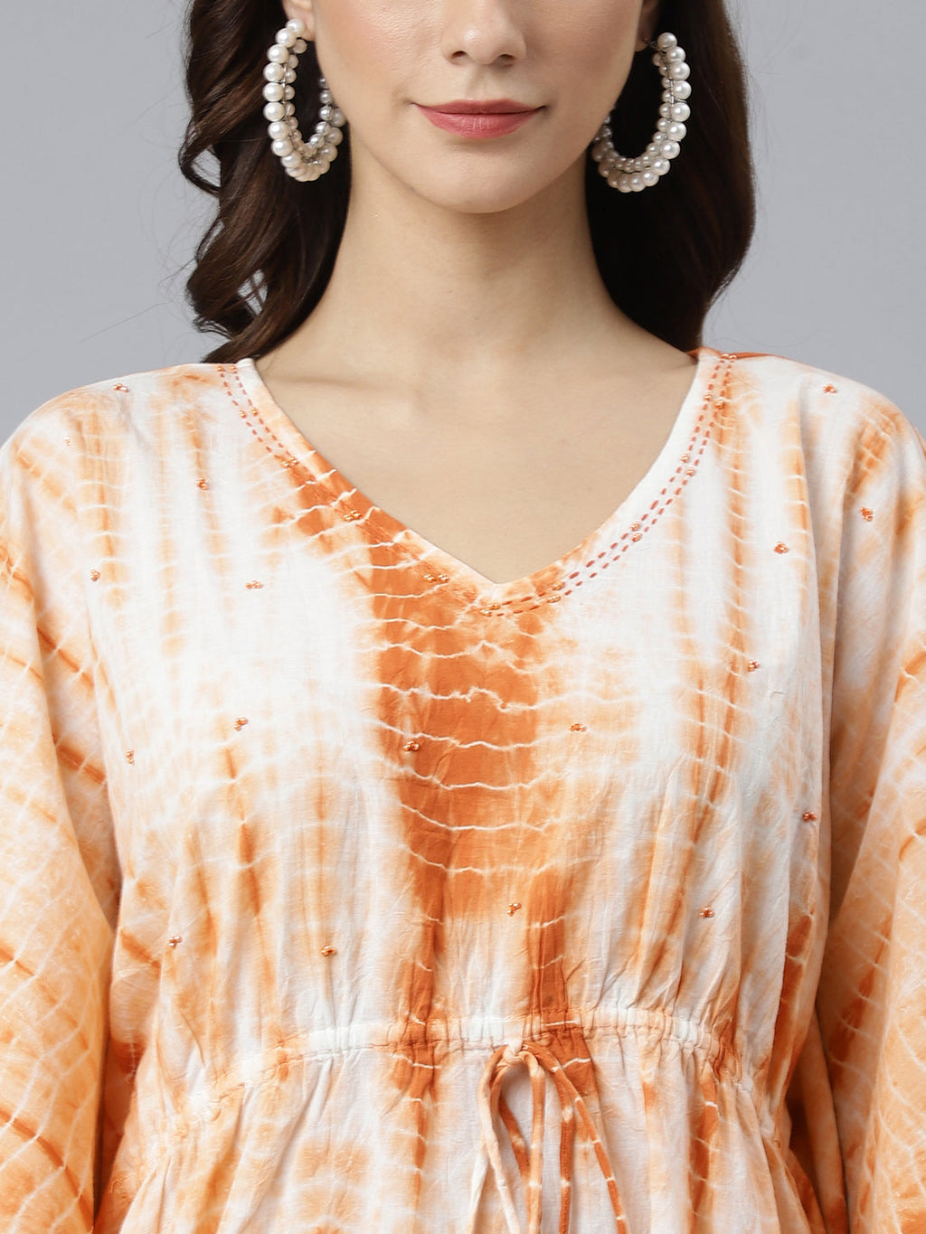 Janasya Women's Rust Cotton Tie dye Kaftan Kaftan Tunic