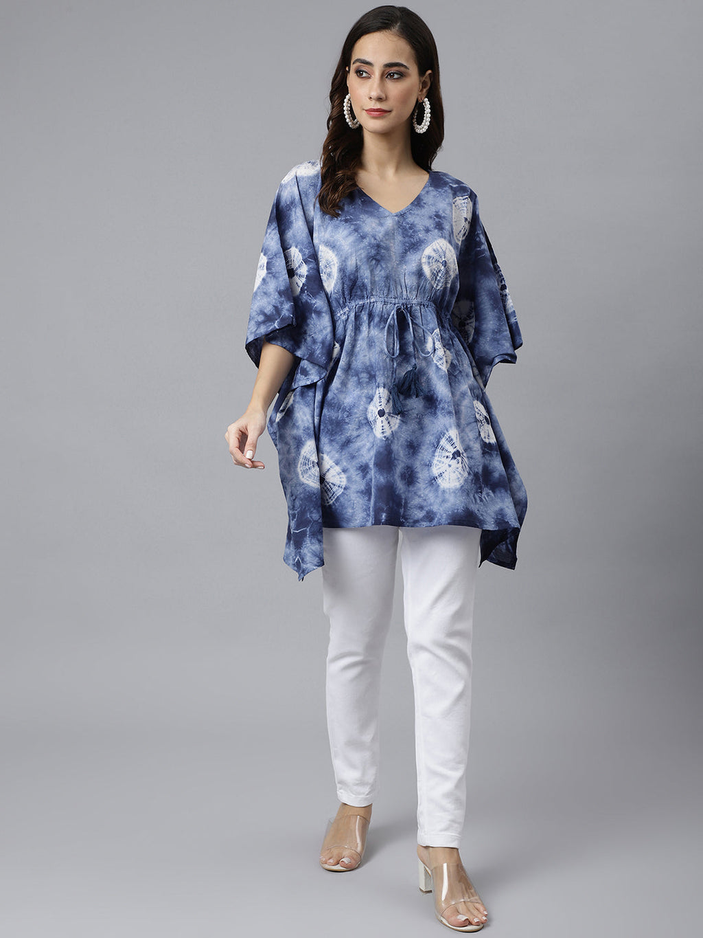 Janasya Women's Navy Blue Cotton Tie dye Kaftan Kaftan Tunic