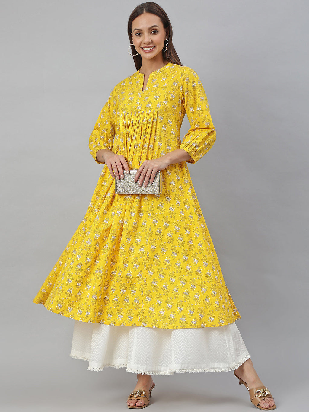 Janasya Women's Mustard Cotton Botanical Printed Casual Flared Kurta