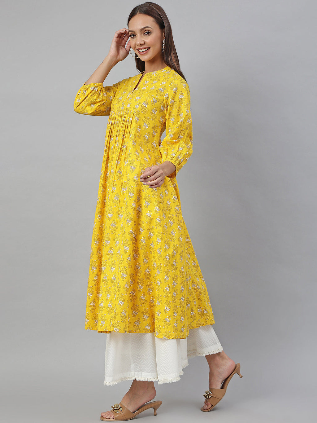 Janasya Women's Mustard Cotton Botanical Printed Casual Flared Kurta