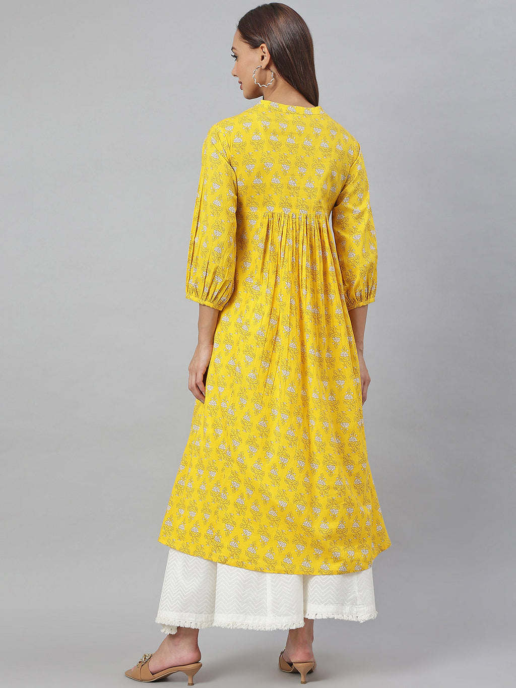 Janasya Women's Mustard Cotton Botanical Printed Casual Flared Kurta