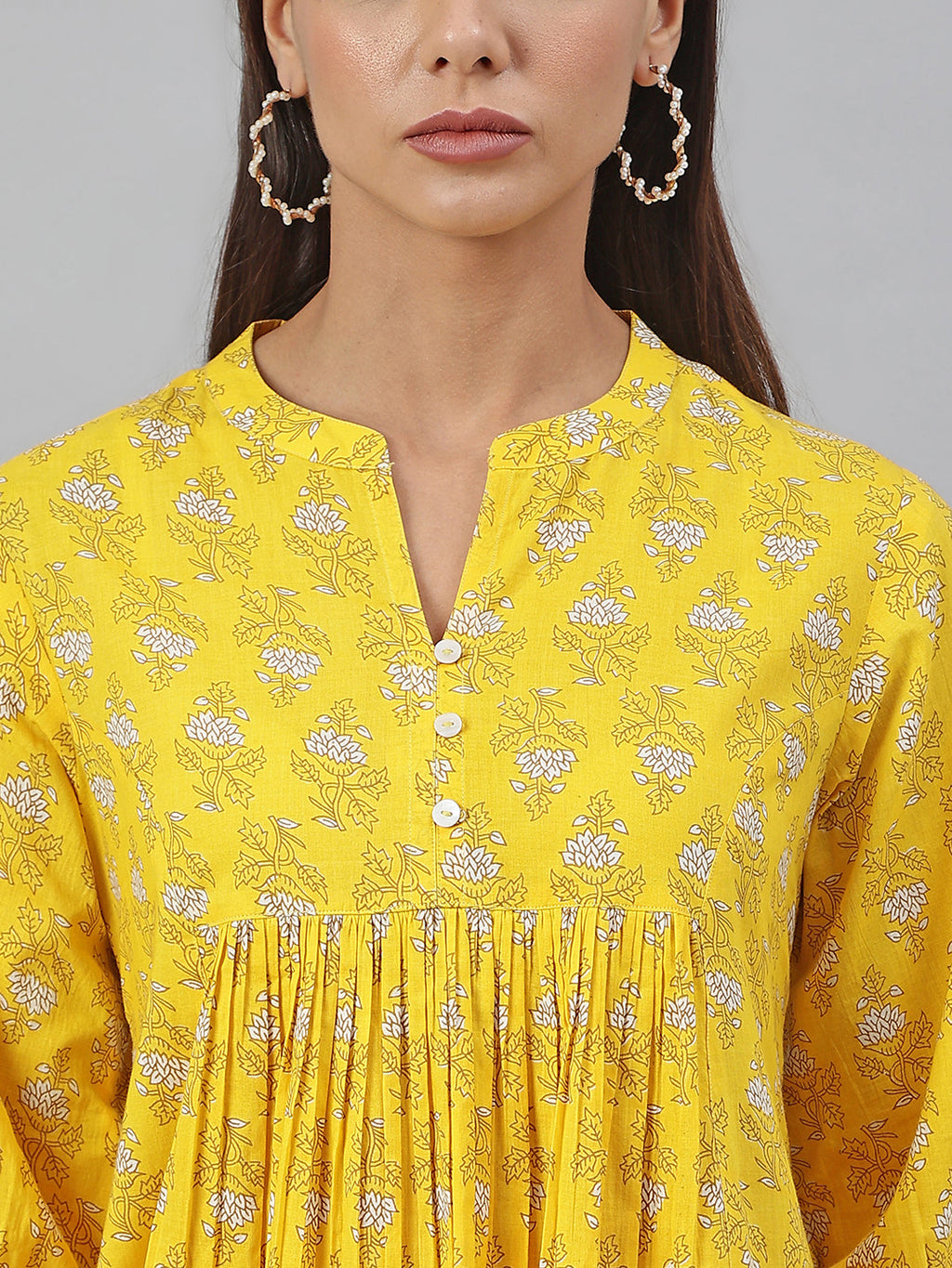 Janasya Women's Mustard Cotton Botanical Printed Casual Flared Kurta