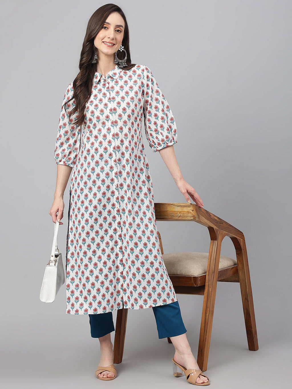 Janasya Women's White Cotton Floral Printed Casual Straight Kurta