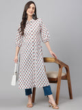Janasya Women's White Cotton Floral Printed Casual Straight Kurta