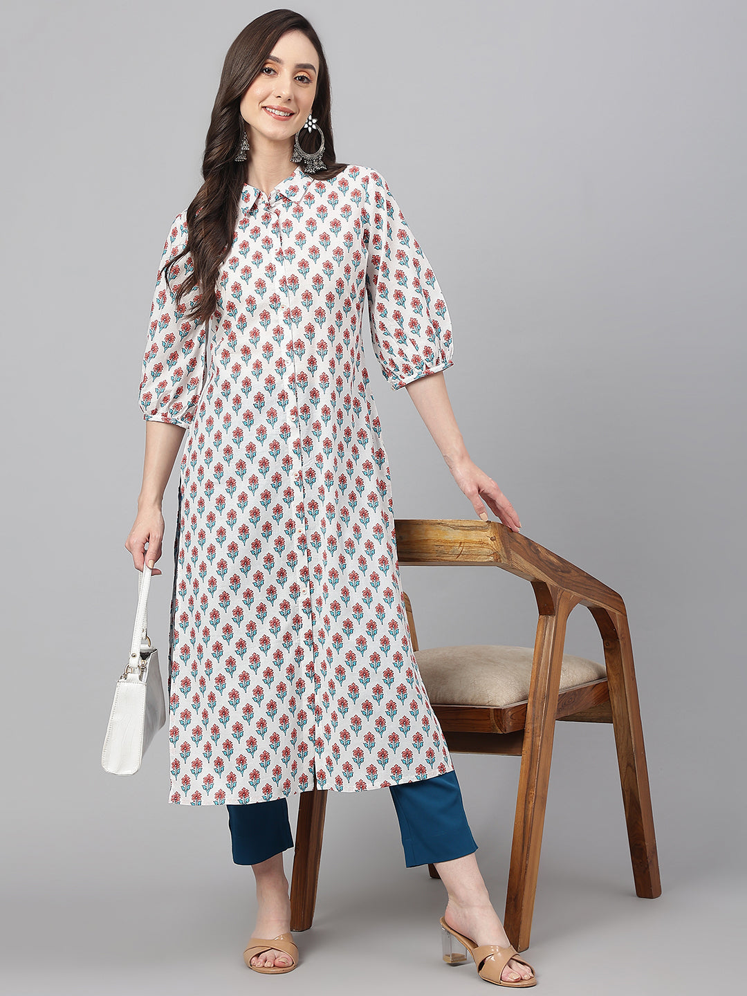 Janasya Women's White Cotton Floral Printed Casual Straight Kurta