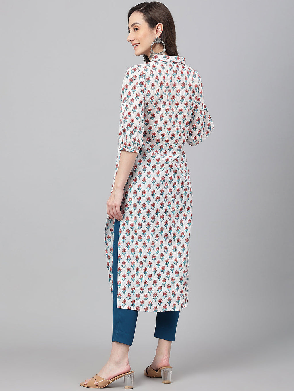 Janasya Women's White Cotton Floral Printed Casual Straight Kurta