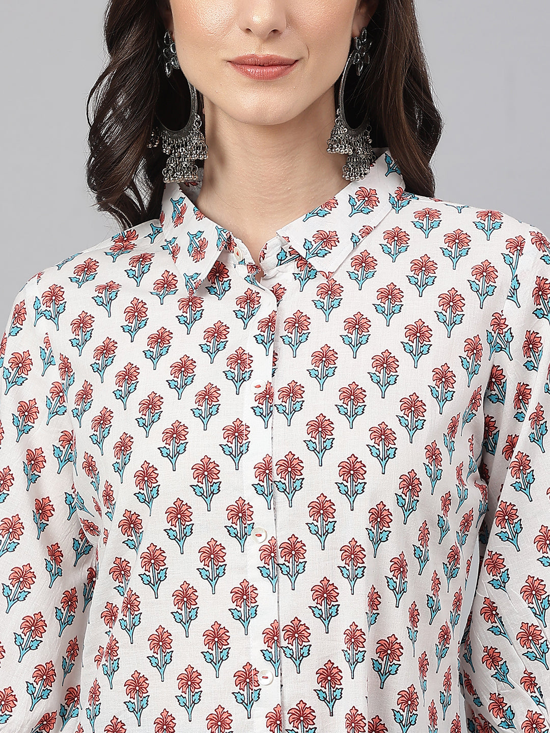 Janasya Women's White Cotton Floral Printed Casual Straight Kurta