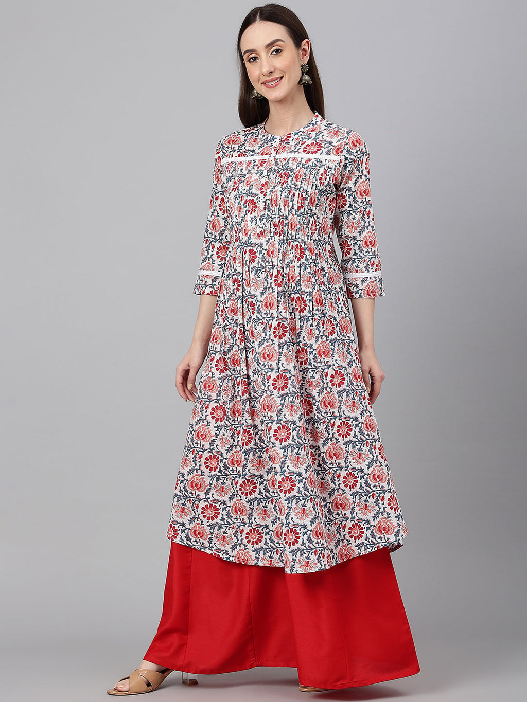 Janasya Women's White Cotton Floral Printed Casual Flared Kurta