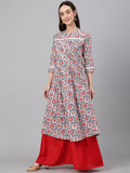 Janasya Women's White Cotton Floral Printed Casual Flared Kurta