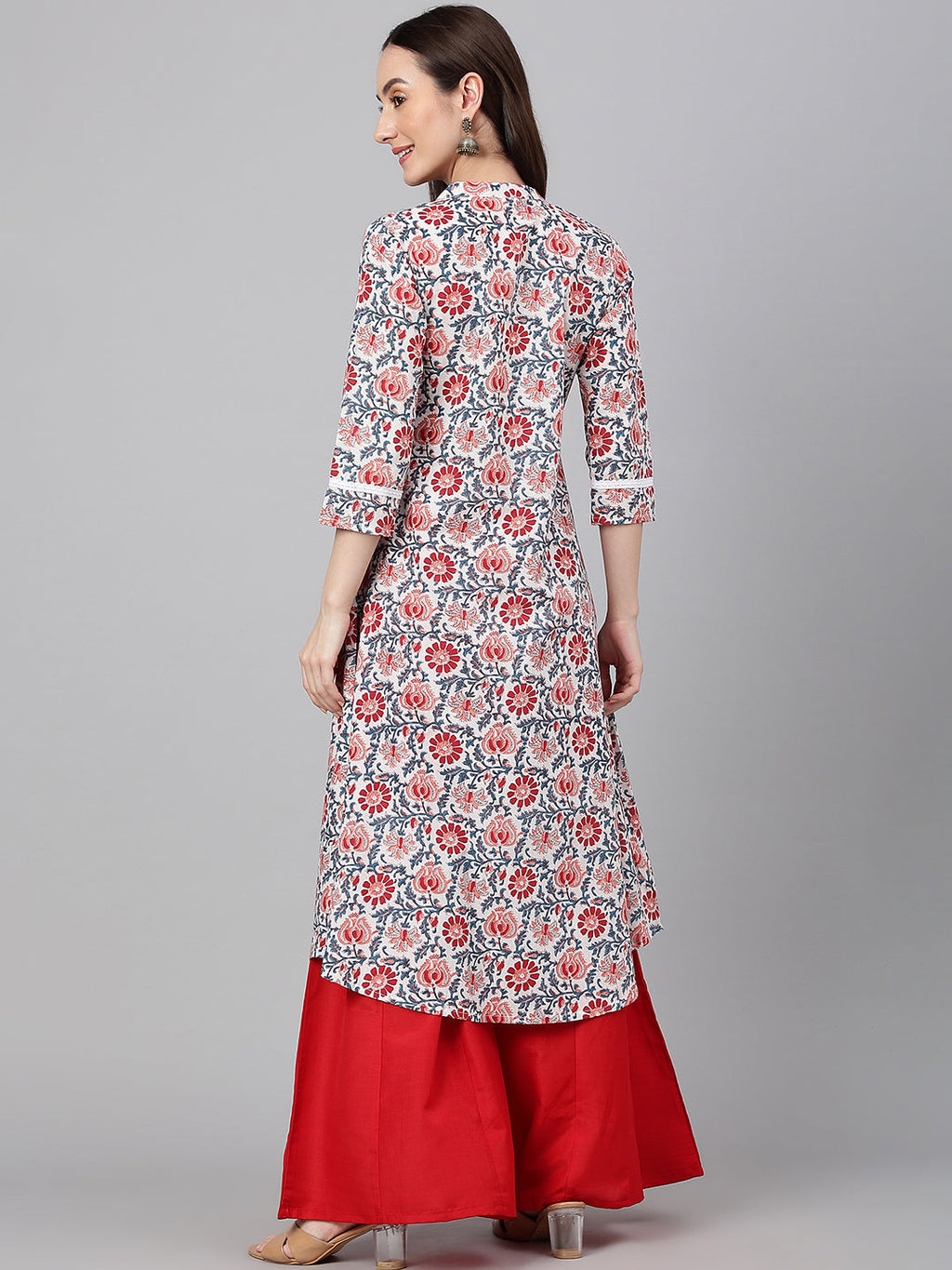 Janasya Women's White Cotton Floral Printed Casual Flared Kurta