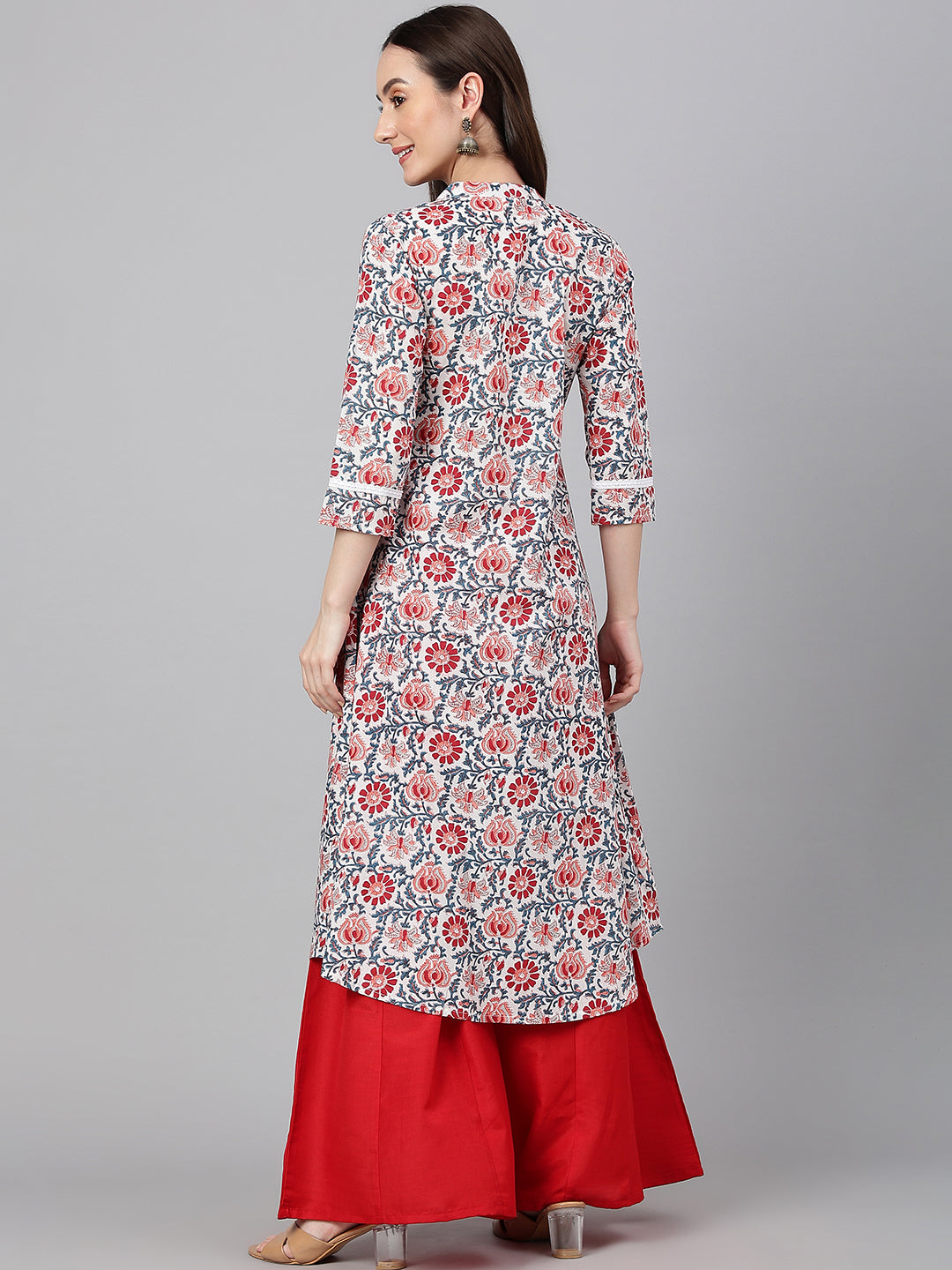Janasya Women's White Cotton Floral Printed Casual Flared Kurta