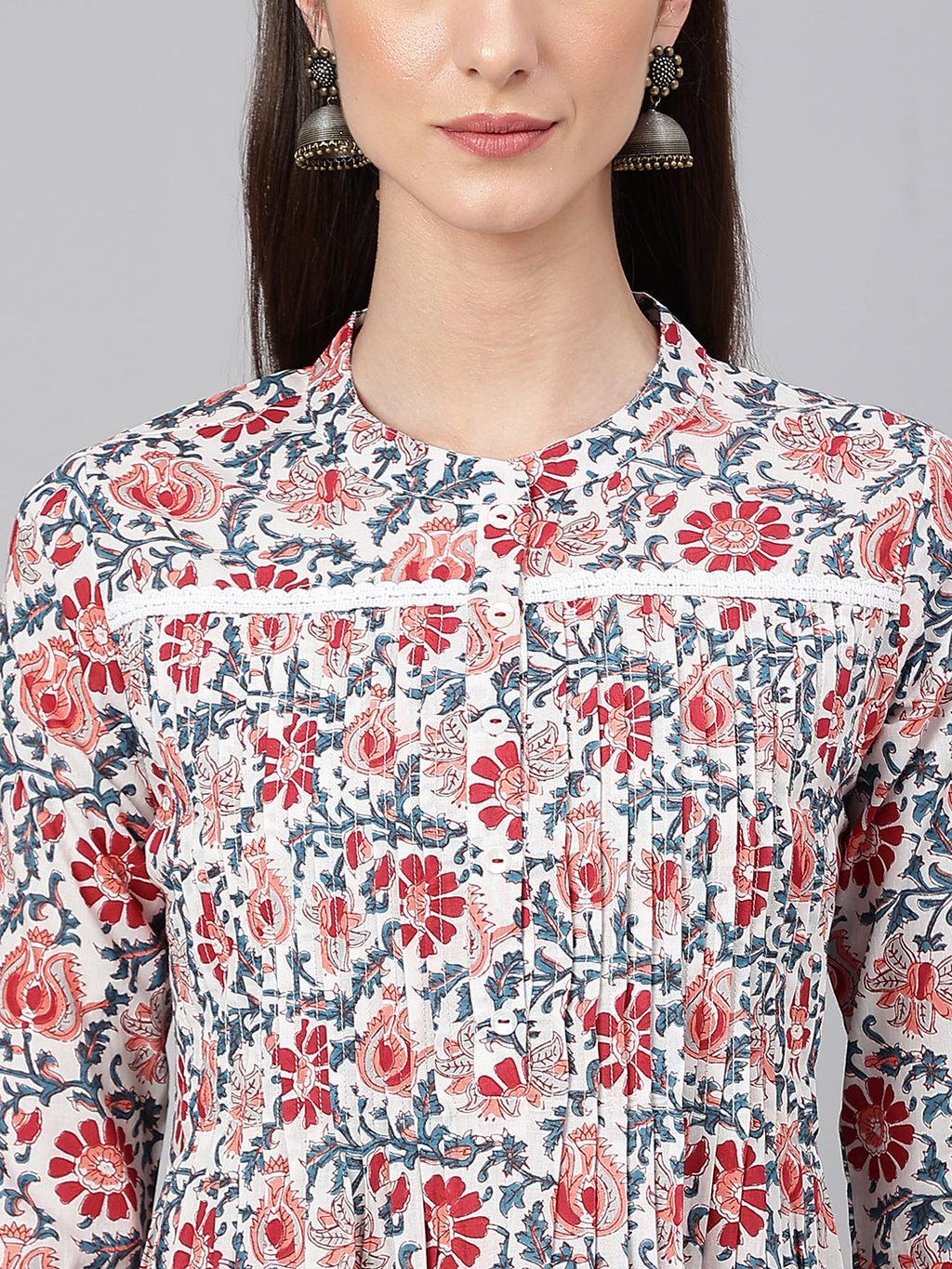 Janasya Women's White Cotton Floral Printed Casual Flared Kurta