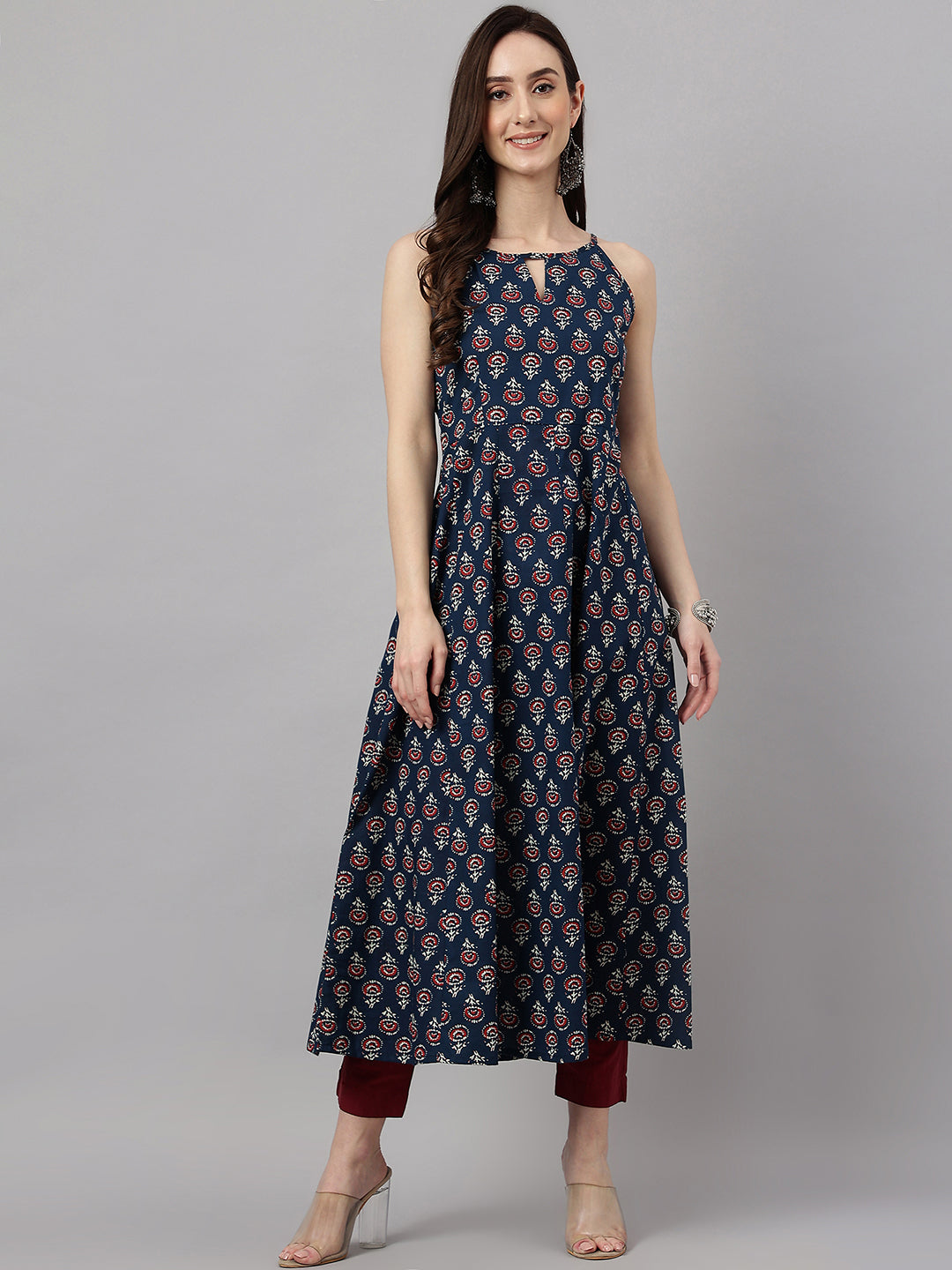 Janasya Women's Navy Blue Cotton Botanical Printed Casual Anarkali Kurta