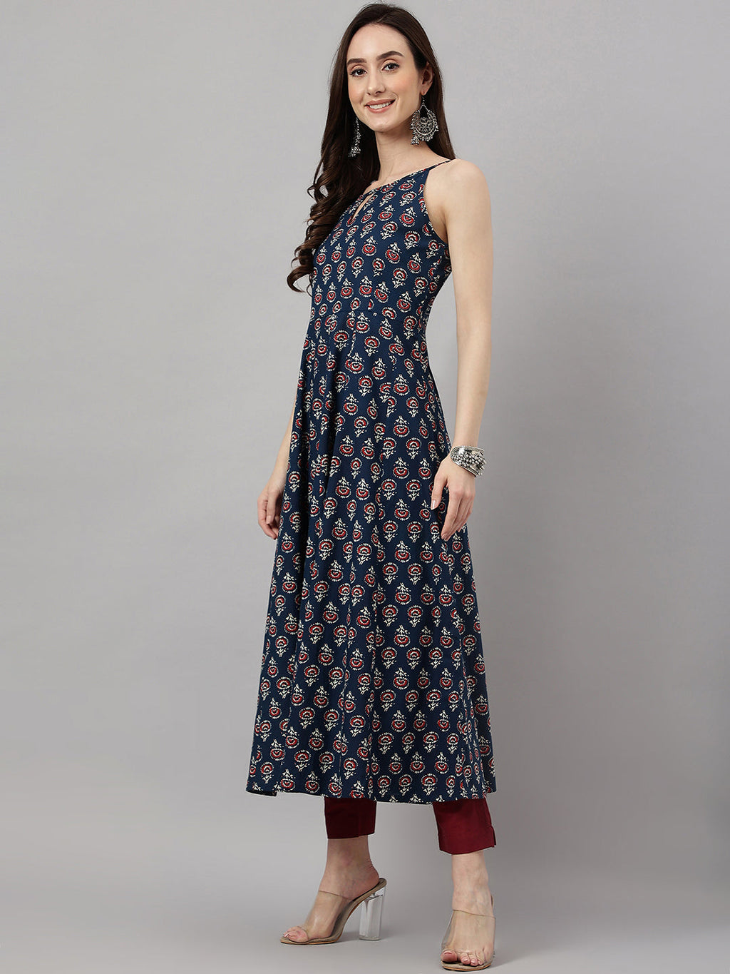 Janasya Women's Navy Blue Cotton Botanical Printed Casual Anarkali Kurta