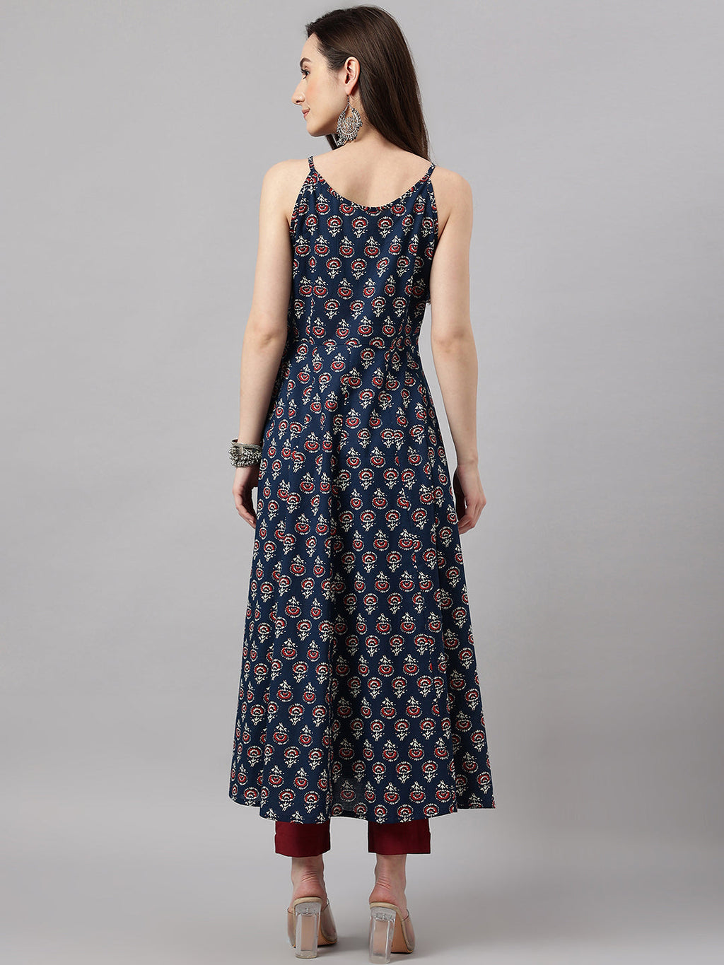 Janasya Women's Navy Blue Cotton Botanical Printed Casual Anarkali Kurta
