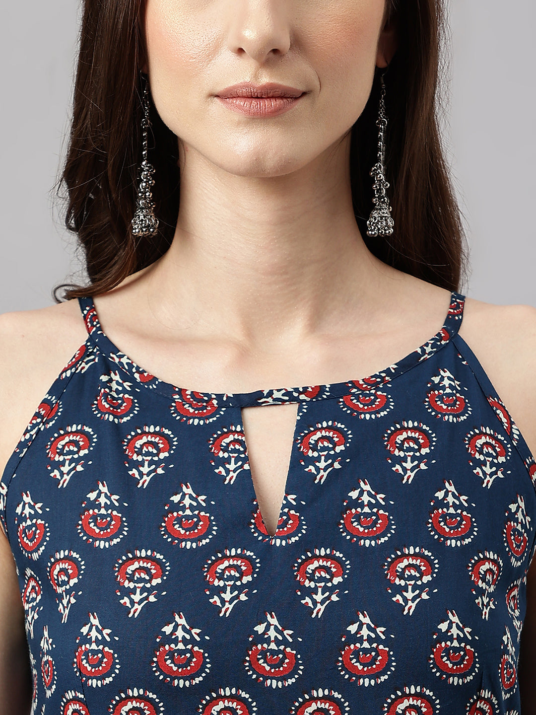 Janasya Women's Navy Blue Cotton Botanical Printed Casual Anarkali Kurta