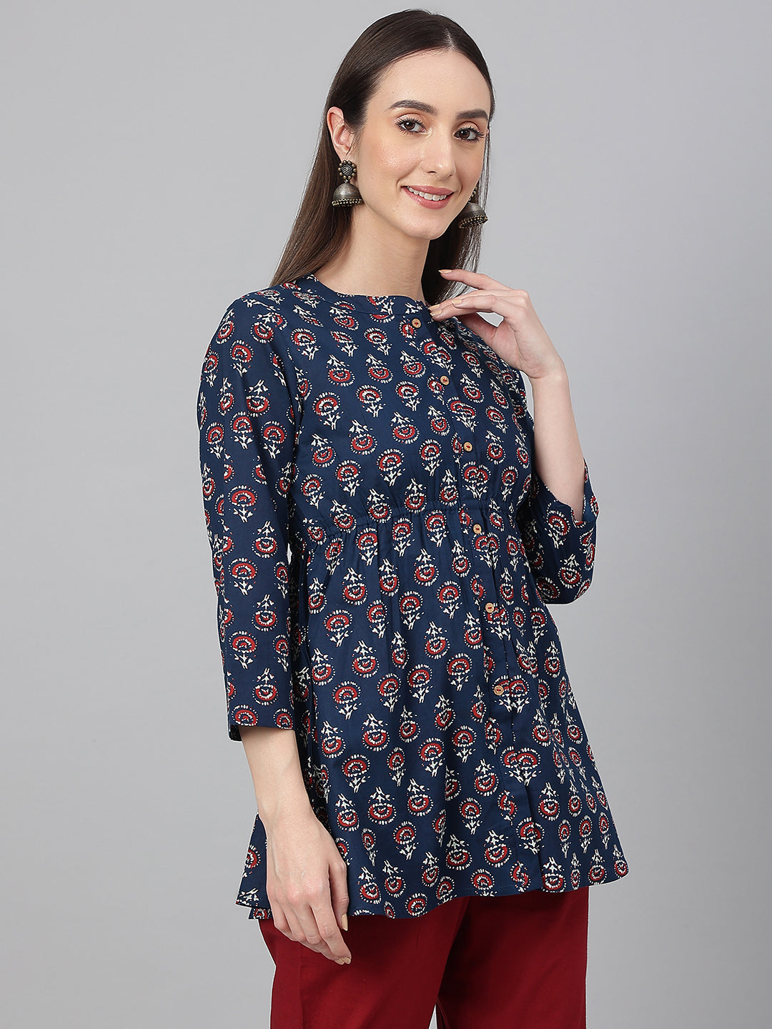 Janasya Women's Navy Blue Cotton Floral Print Peplum Top