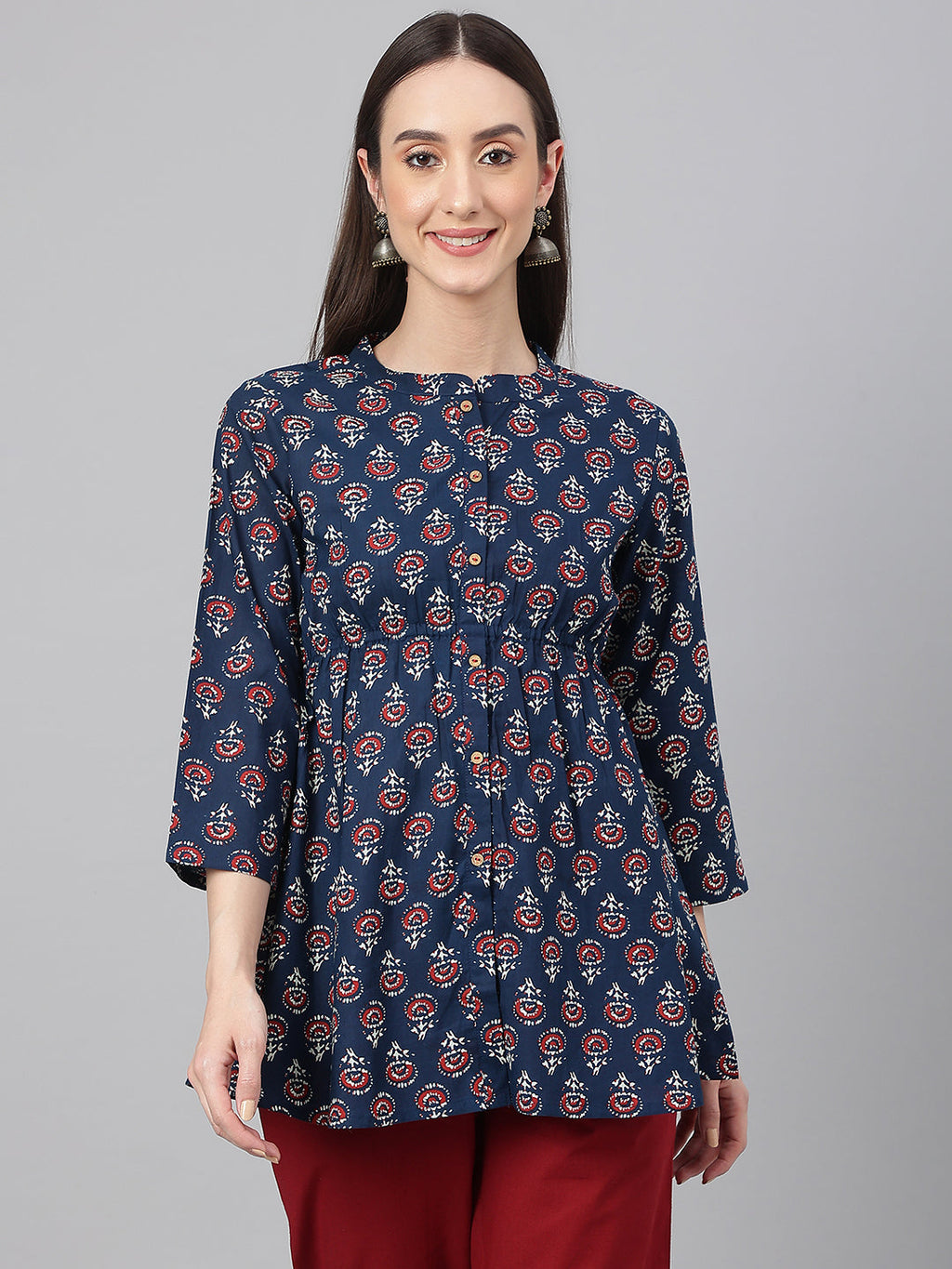 Janasya Women's Navy Blue Cotton Floral Print Peplum Top