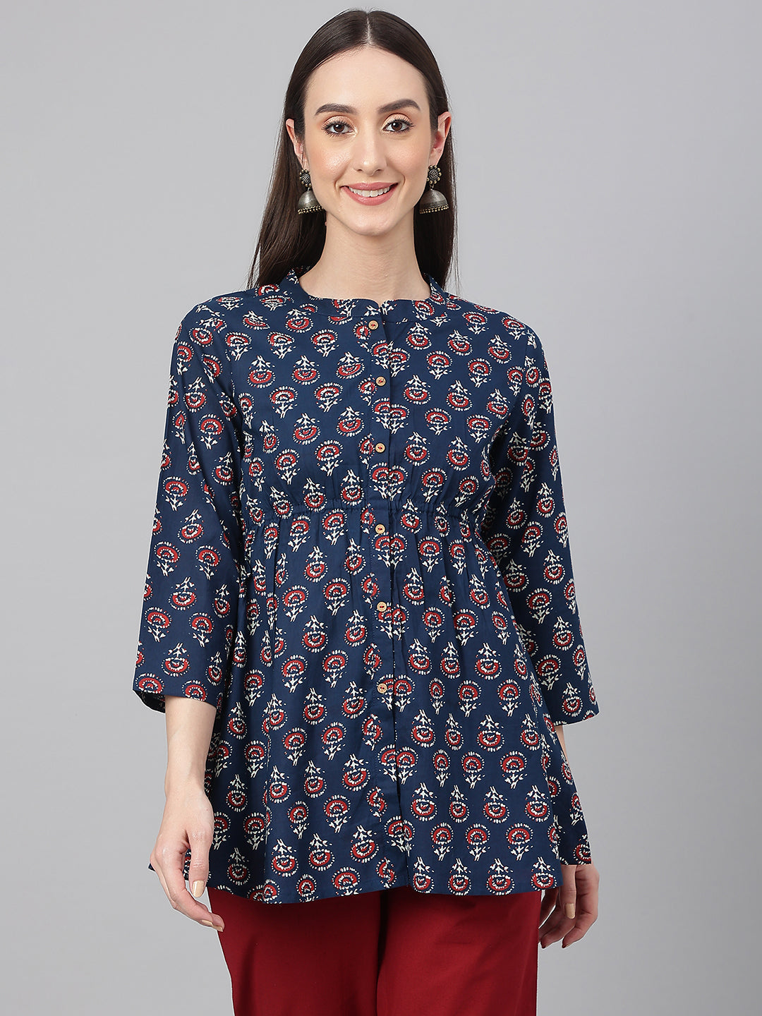 Janasya Women's Navy Blue Cotton Floral Print Peplum Top