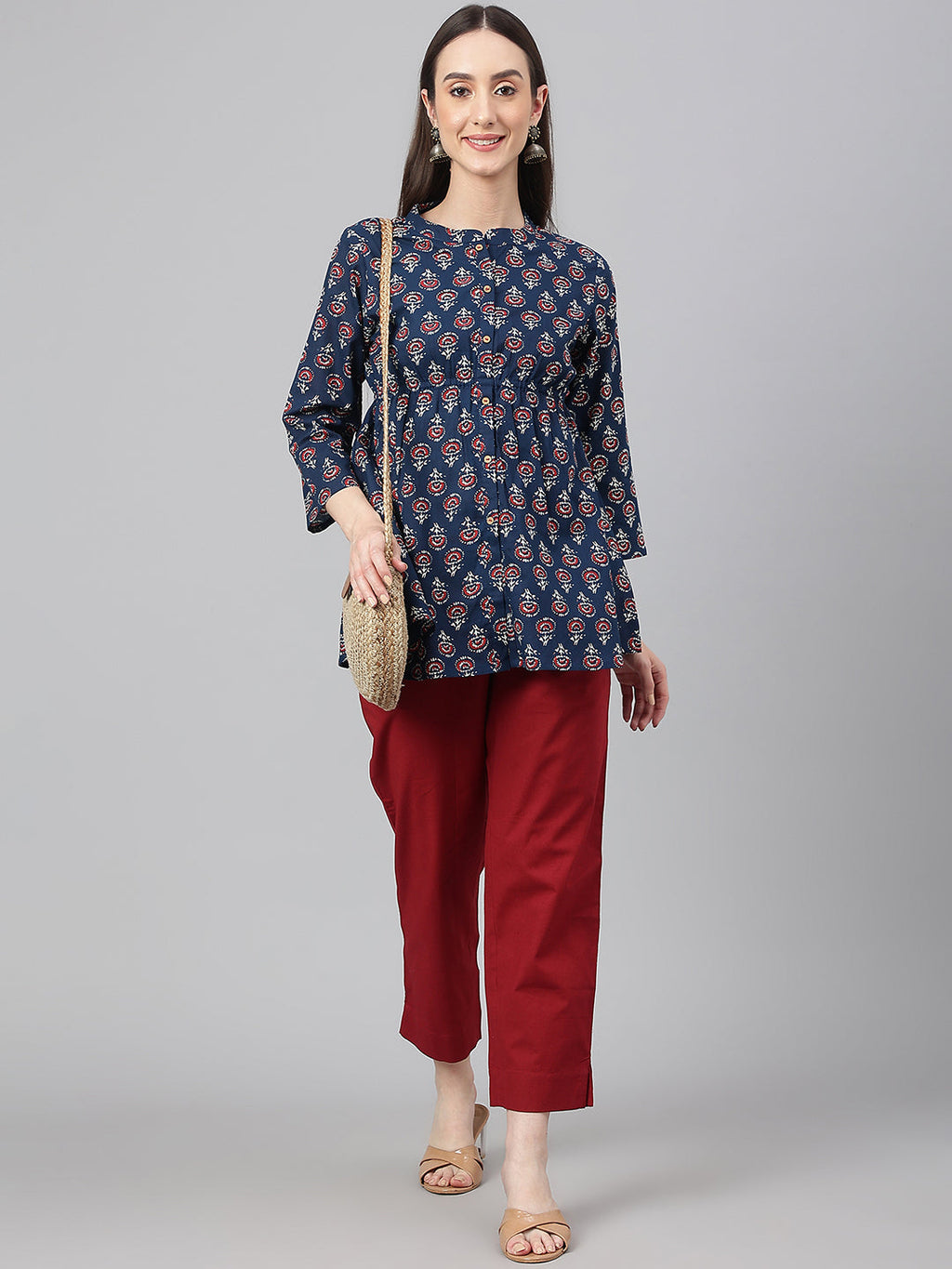 Janasya Women's Navy Blue Cotton Floral Print Peplum Top