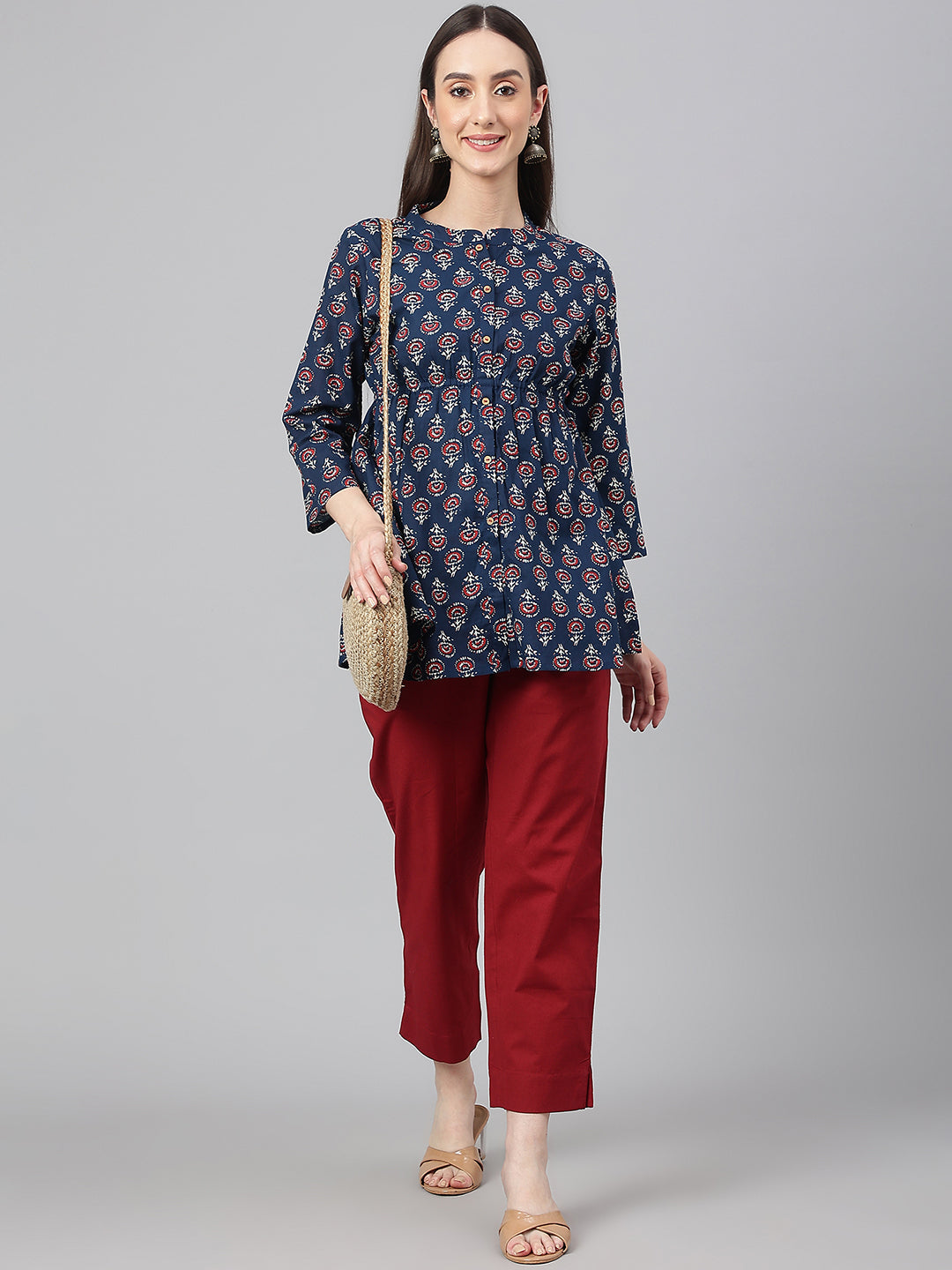 Janasya Women's Navy Blue Cotton Floral Print Peplum Top
