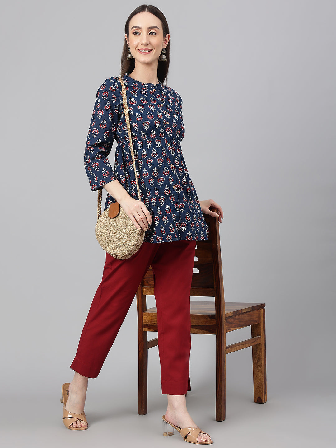 Janasya Women's Navy Blue Cotton Floral Print Peplum Top