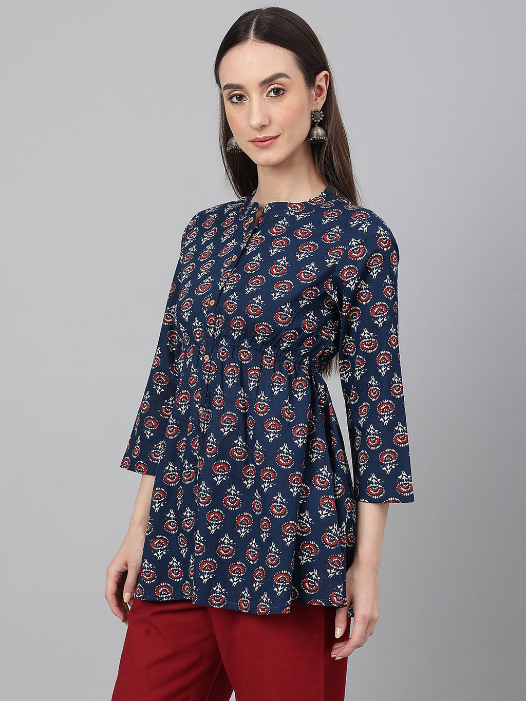 Janasya Women's Navy Blue Cotton Floral Print Peplum Top