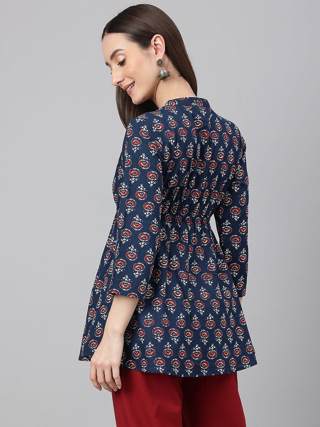 Janasya Women's Navy Blue Cotton Floral Print Peplum Top