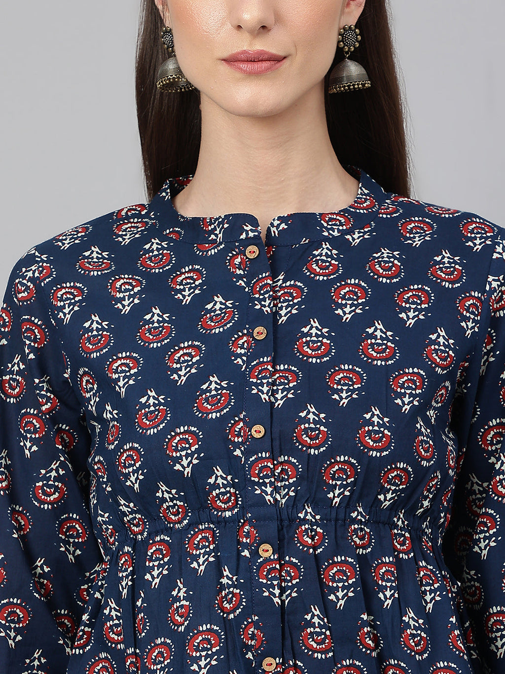 Janasya Women's Navy Blue Cotton Floral Print Peplum Top