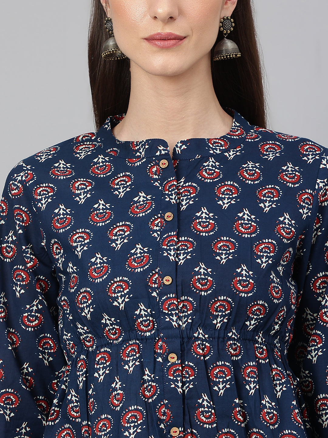 Janasya Women's Navy Blue Cotton Floral Print Peplum Top