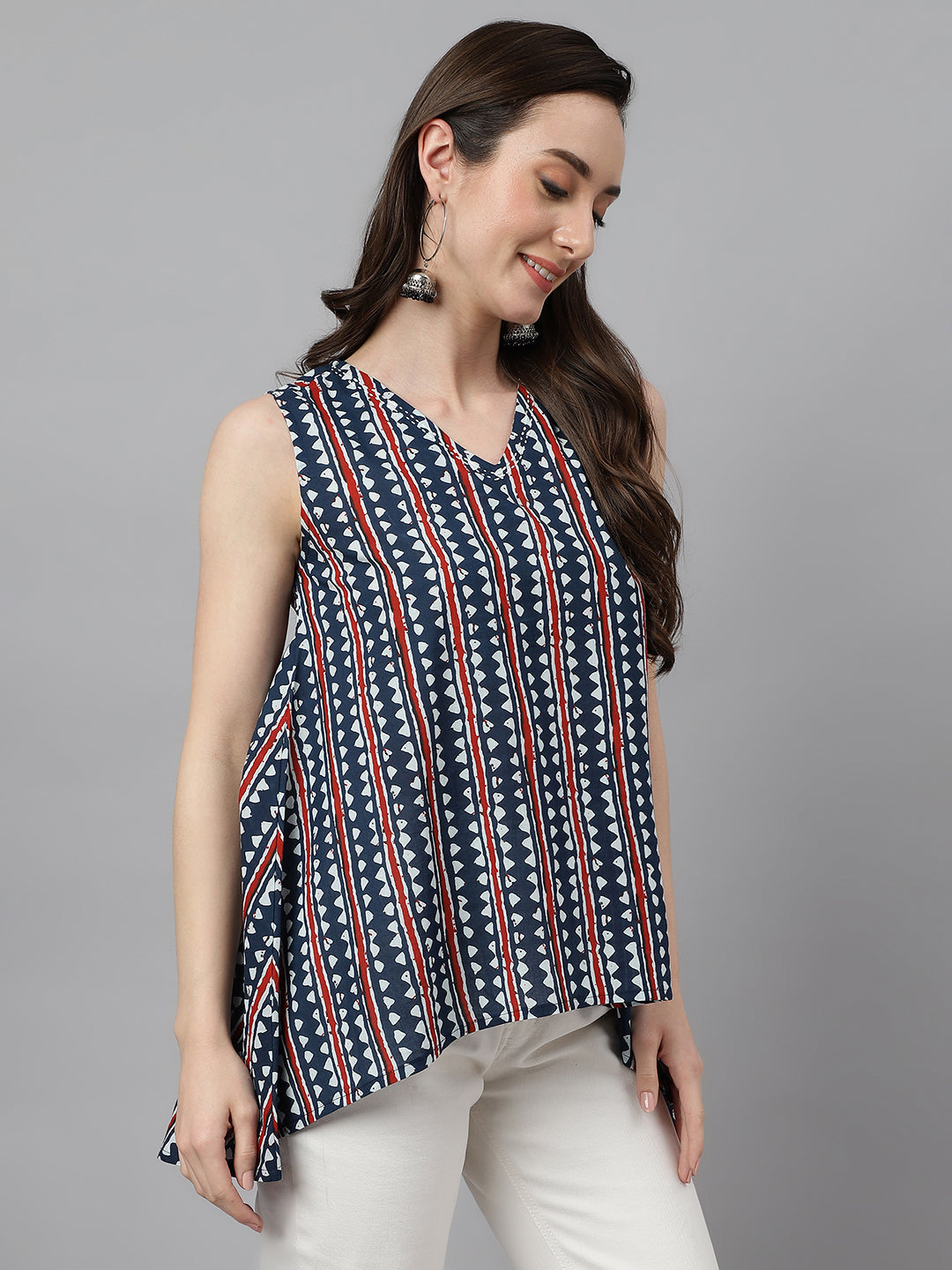Janasya Women's Navy Blue Cotton Geometric Print High Low Top