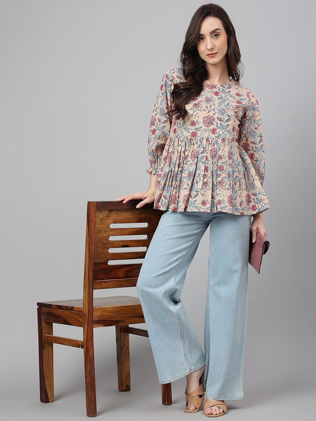 Janasya Women's Beige Cotton Floral Print Peplum Top