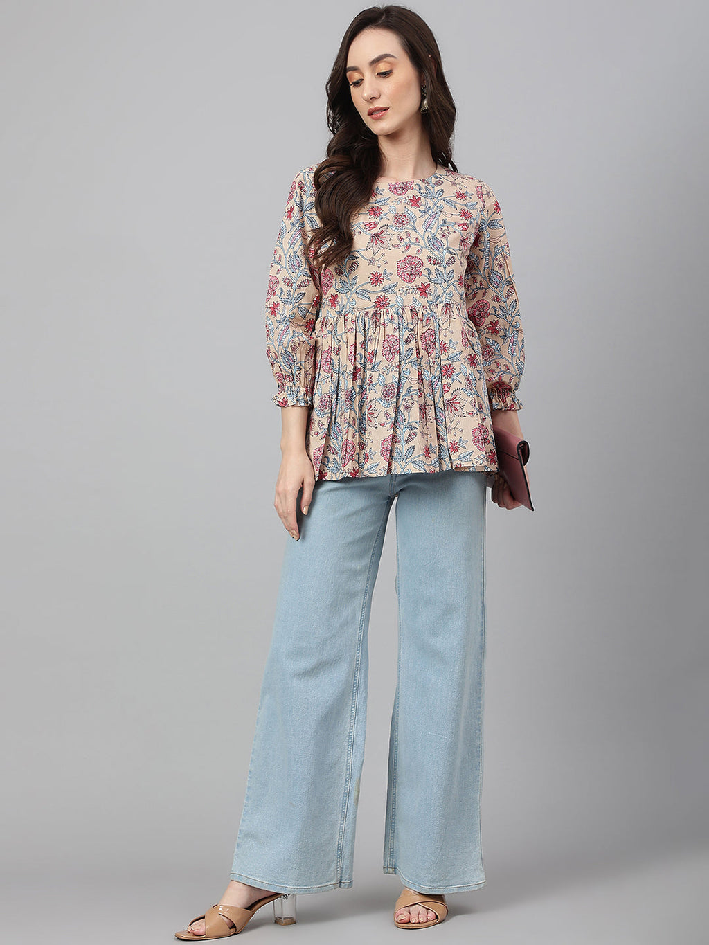 Janasya Women's Beige Cotton Floral Print Peplum Top