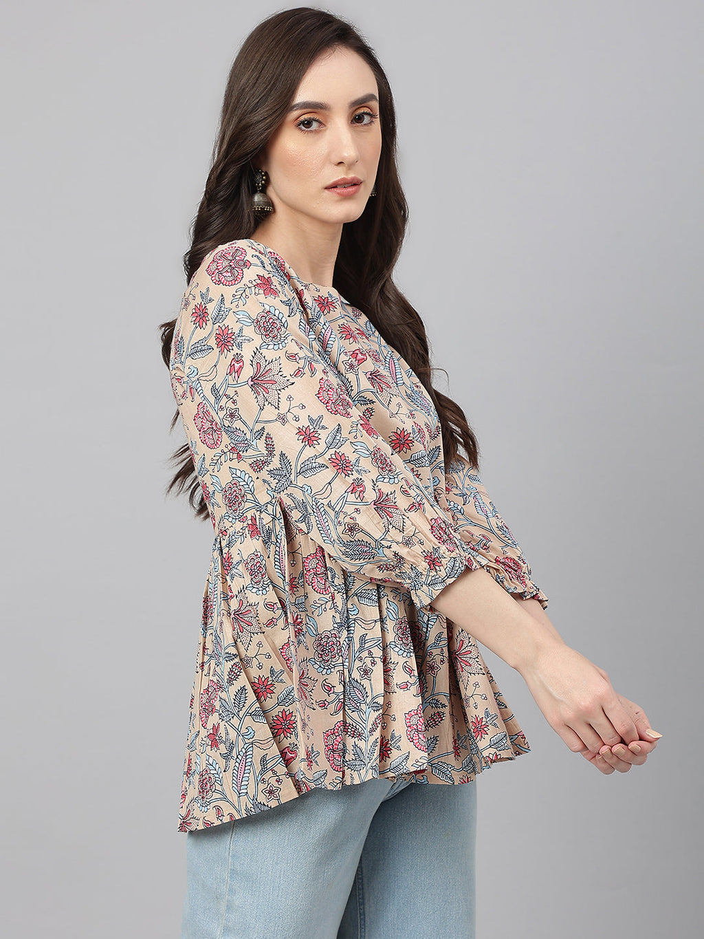 Janasya Women's Beige Cotton Floral Print Peplum Top