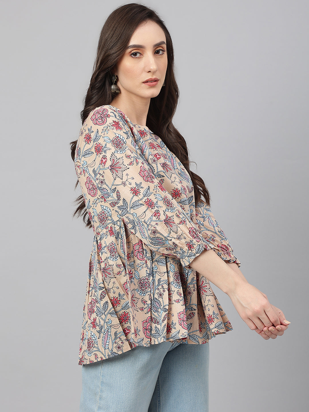Janasya Women's Beige Cotton Floral Print Peplum Top
