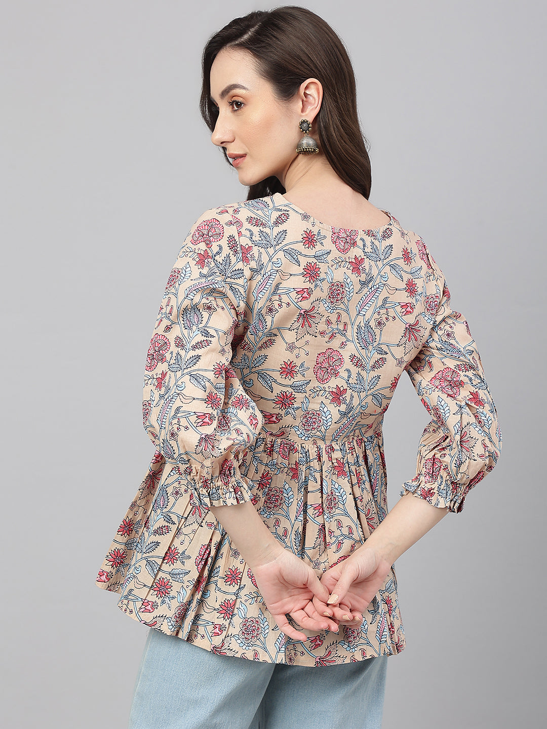 Janasya Women's Beige Cotton Floral Print Peplum Top
