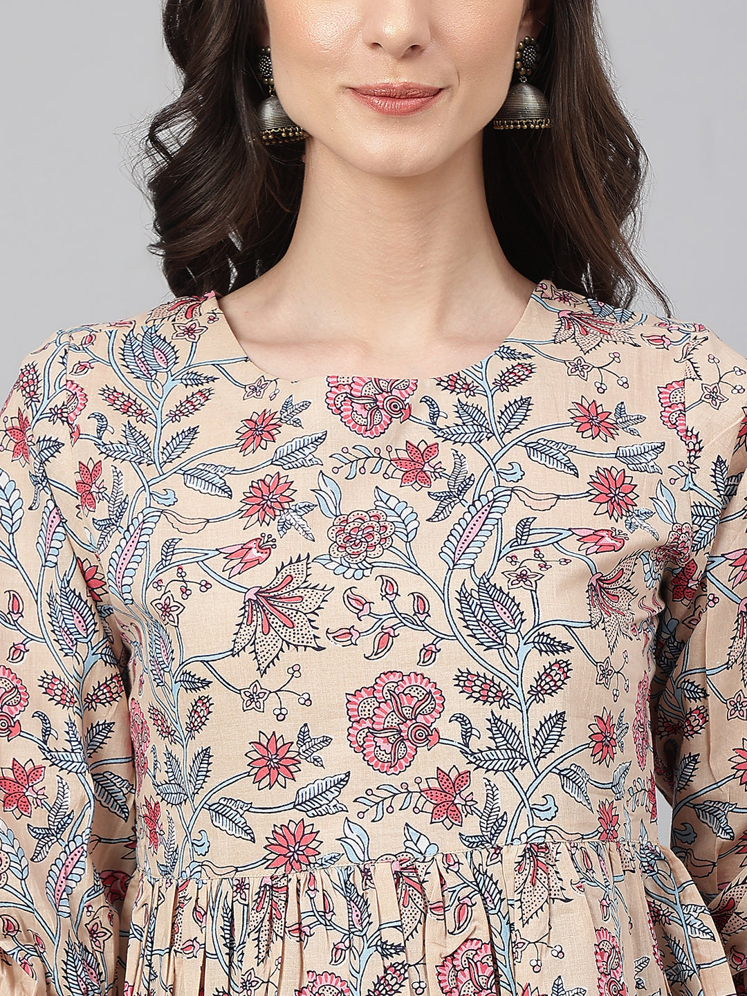 Janasya Women's Beige Cotton Floral Print Peplum Top