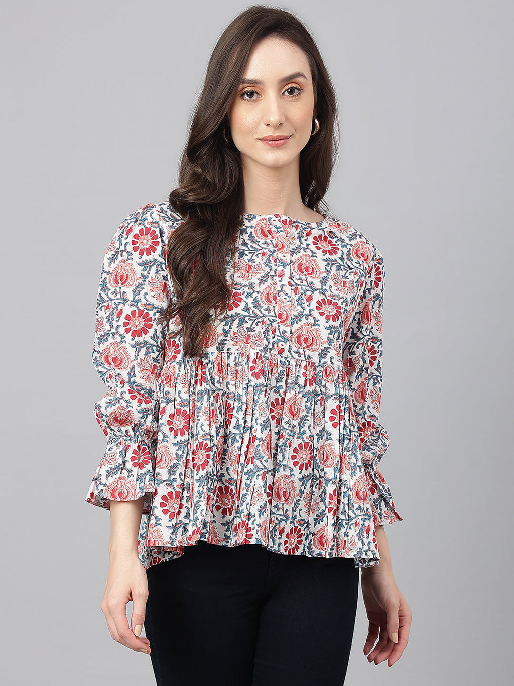 Janasya Women's White Cotton Floral Print Flared Top