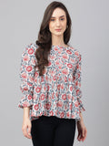 Janasya Women's White Cotton Floral Print Flared Top