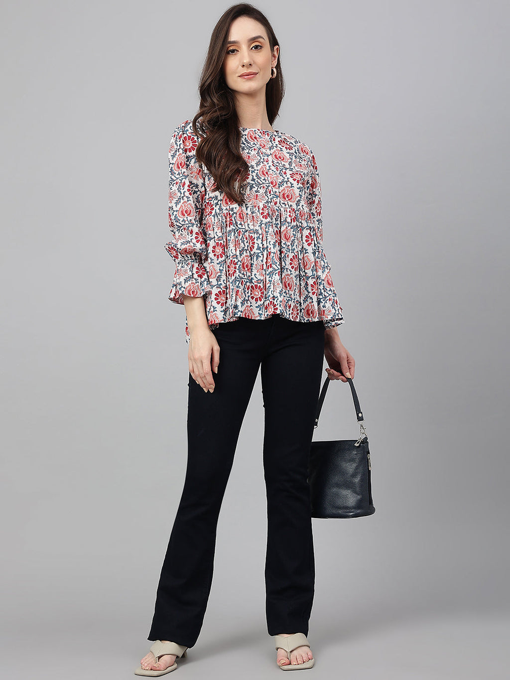 Janasya Women's White Cotton Floral Print Flared Top
