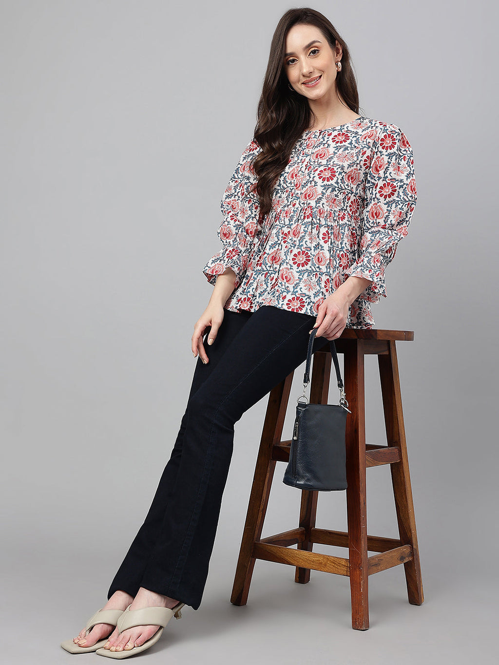 Janasya Women's White Cotton Floral Print Flared Top