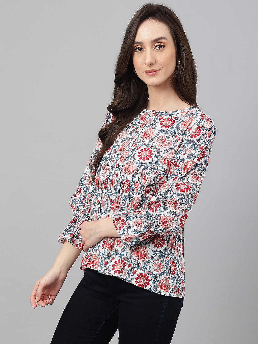 Janasya Women's White Cotton Floral Print Flared Top