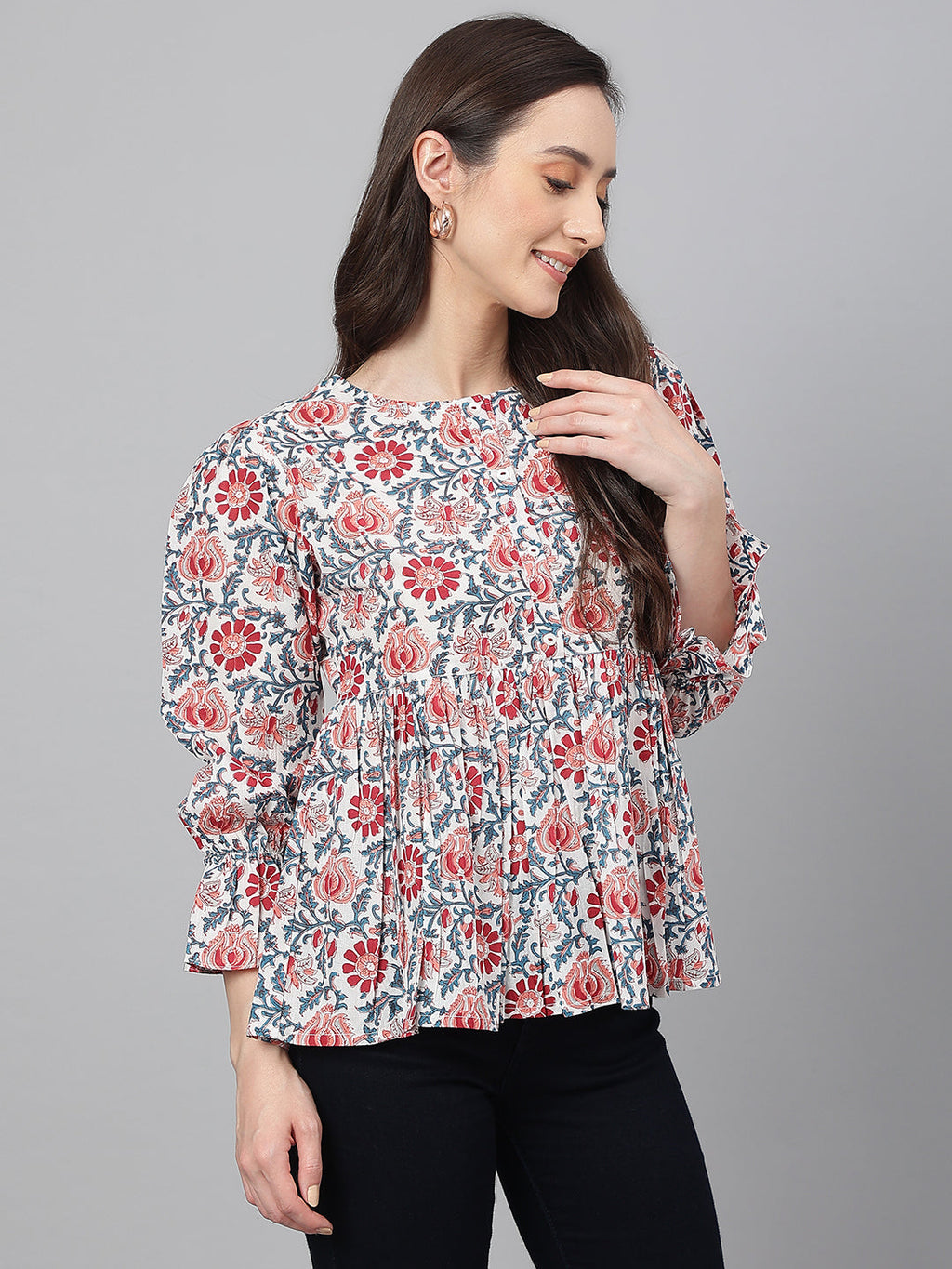 Janasya Women's White Cotton Floral Print Flared Top