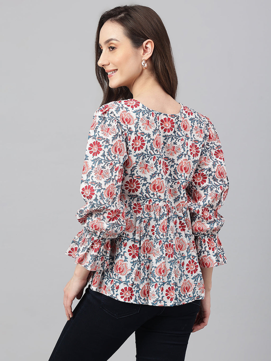 Janasya Women's White Cotton Floral Print Flared Top