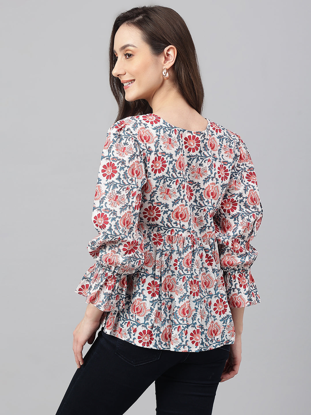 Janasya Women's White Cotton Floral Print Flared Top