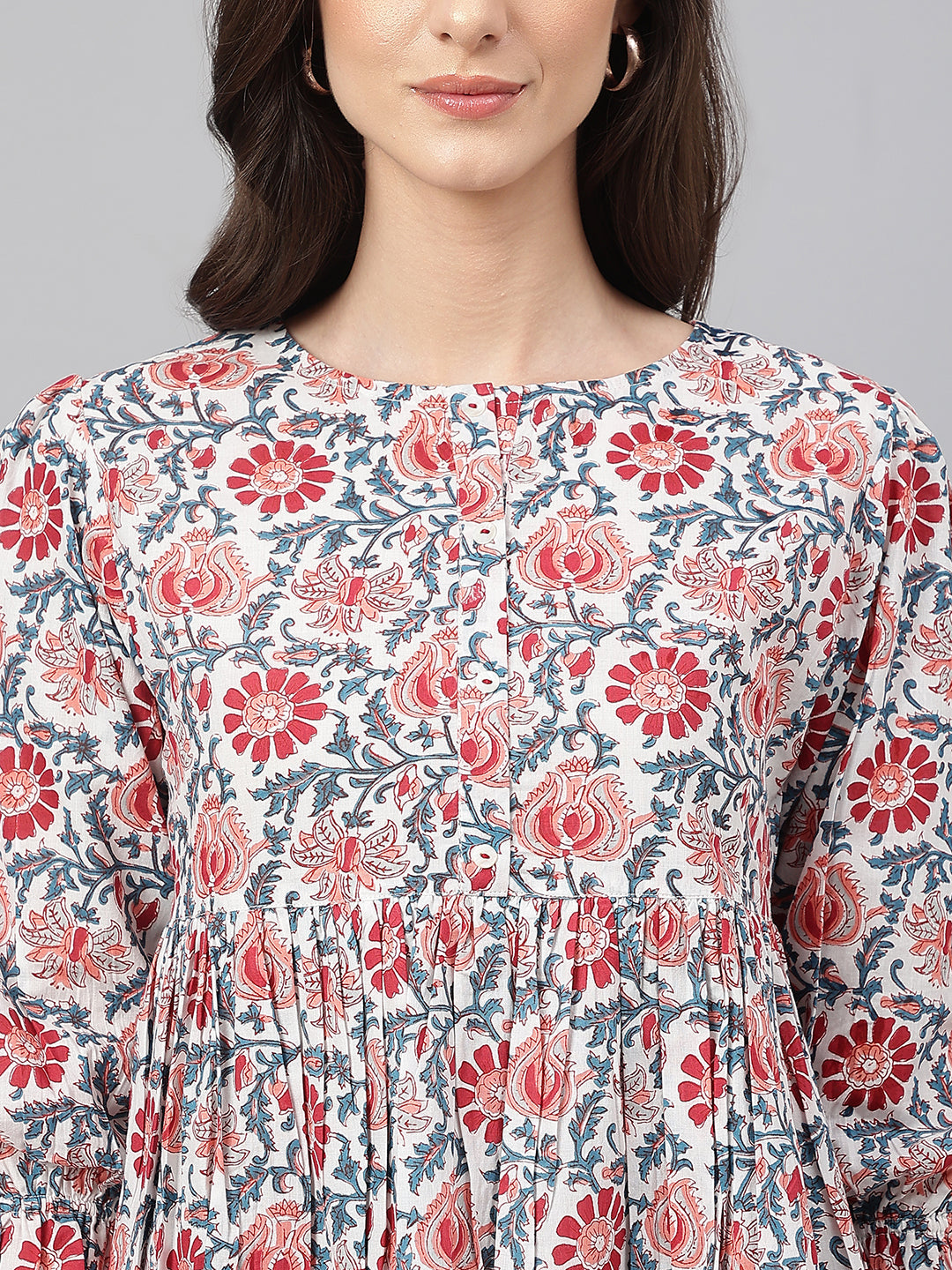 Janasya Women's White Cotton Floral Print Flared Top